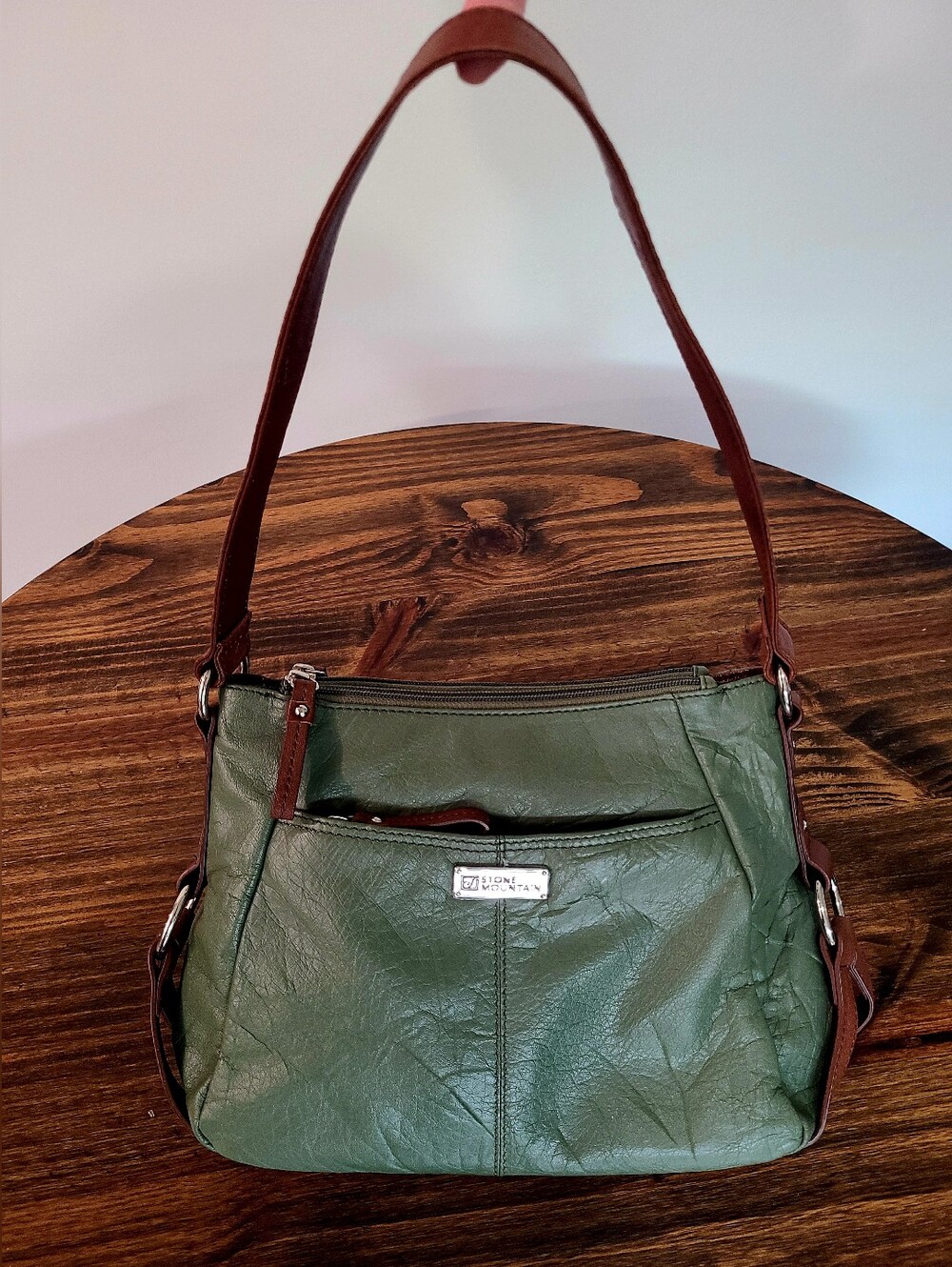 Stone Mountain Accessorirs - Olive Green Leather Shoulder Bag with Brown Strap